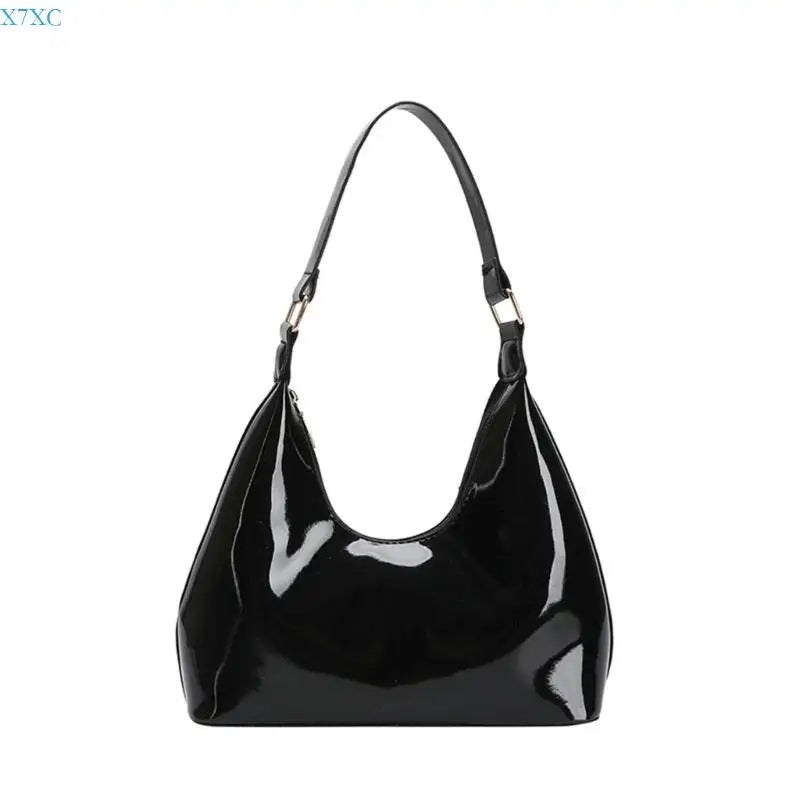 Glossy Crescent Shoulder Bag — black