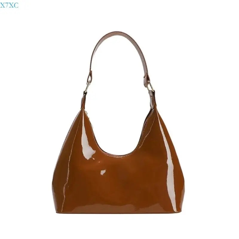 Glossy Crescent Shoulder Bag — Brown